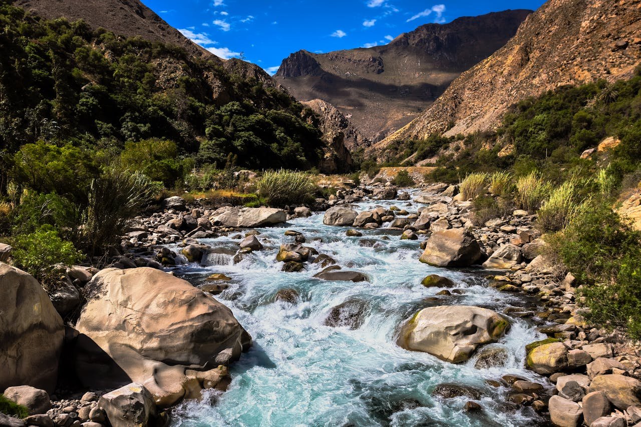 A picturesque mountain river flowing through a rugged landscape with lush greenery and rocky terrain.